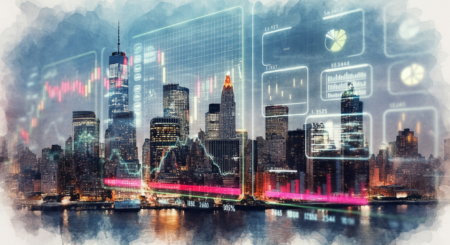 Financial graph superimposed over a photo of a city skyline
