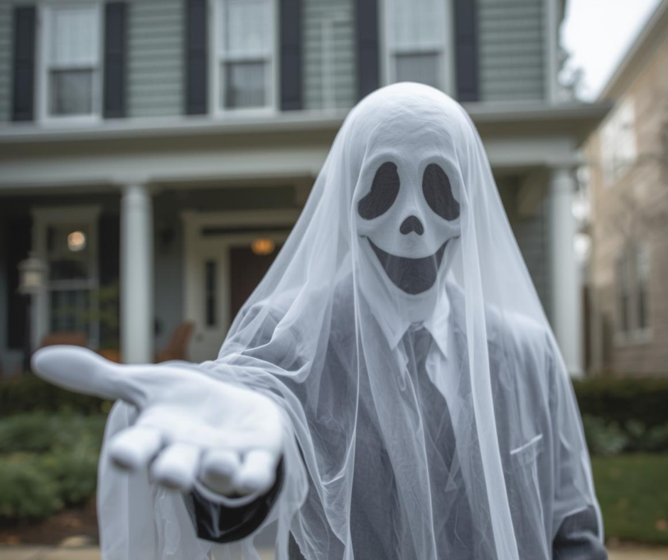 Ghost standing in front of a house to represent real estate monsters.