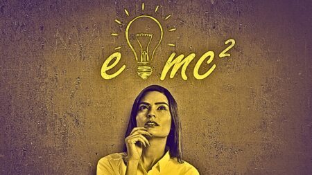 A woman with Einstein’s famous theory of relativity to signify Einstein real estate lessons.