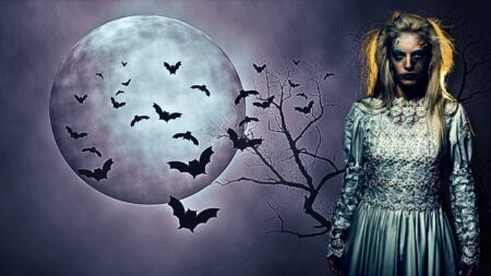 An image of a creepy girl standing in front of a full moon with bats flying overhead to represent real estate monsters.