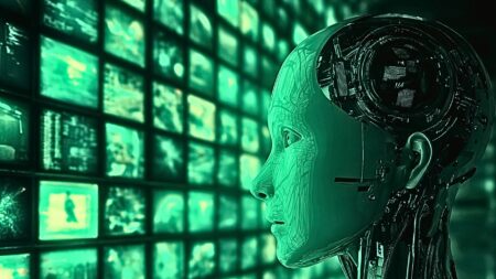 An image of a robot looking at a huge wall made up of smaller screens to signify the death of traditional seo.