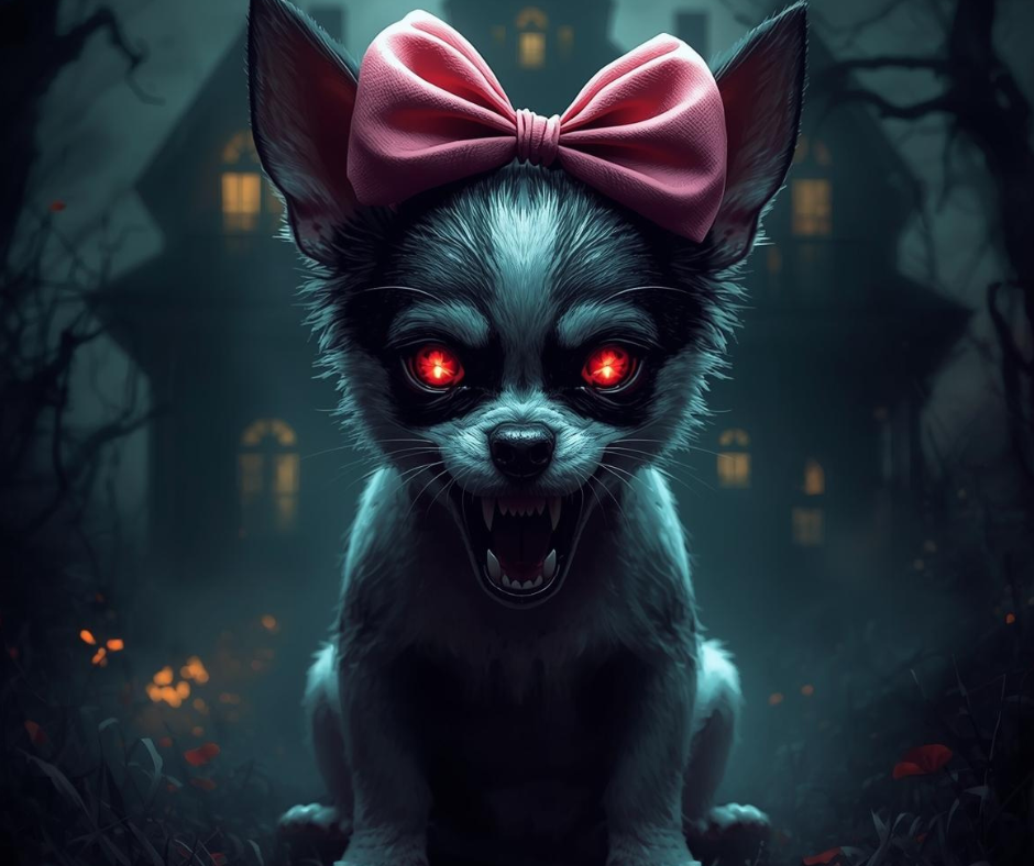 A demon-eyed dog standing in front of a scary house to represent real estate monsters