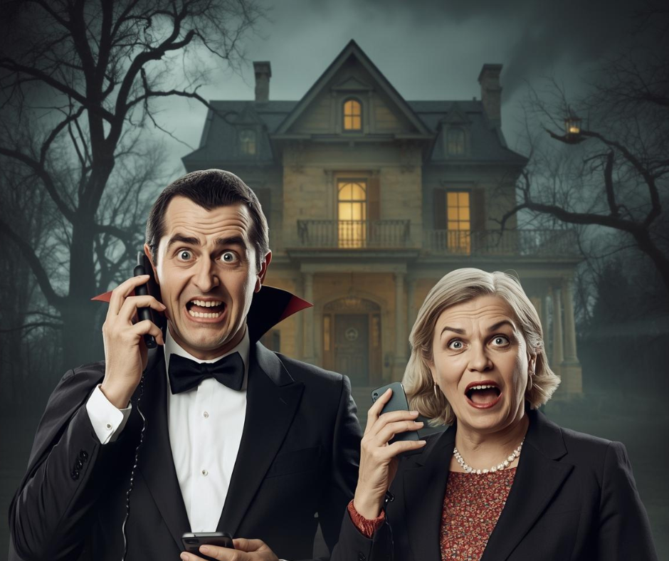 Dracula and his agent standing in front of a creepy house to represent real estate monsters.