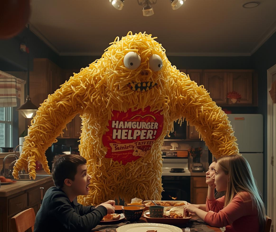 A creature made of Hamburger Helper to represent real estate monsters.