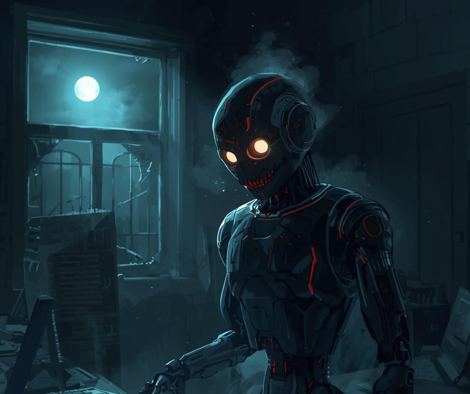 A robot sitting in front of a computer on the night of a full moon to represent real estate monsters.