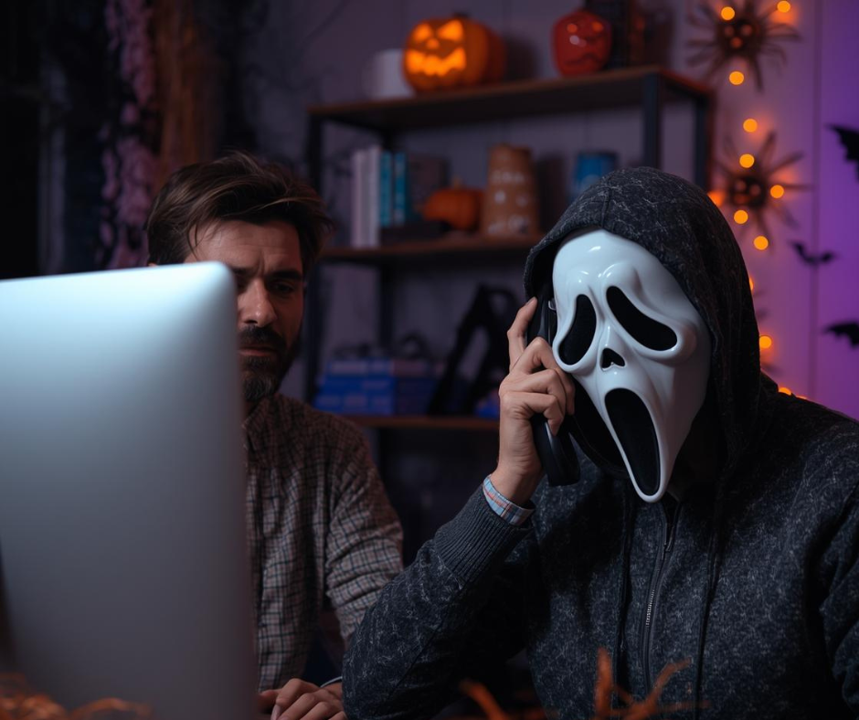 Ghostface and his agent in front of a computer to represent real estate monsters.