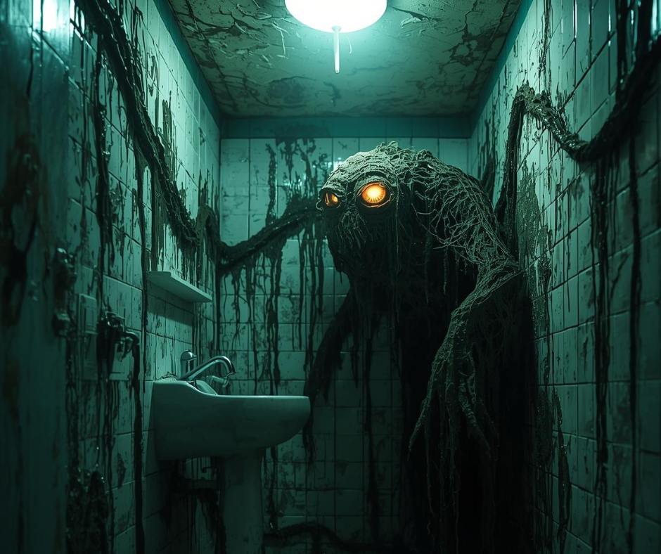 A terrifying ghoul in an even more terrifying bathroom to represent real estate monsters.