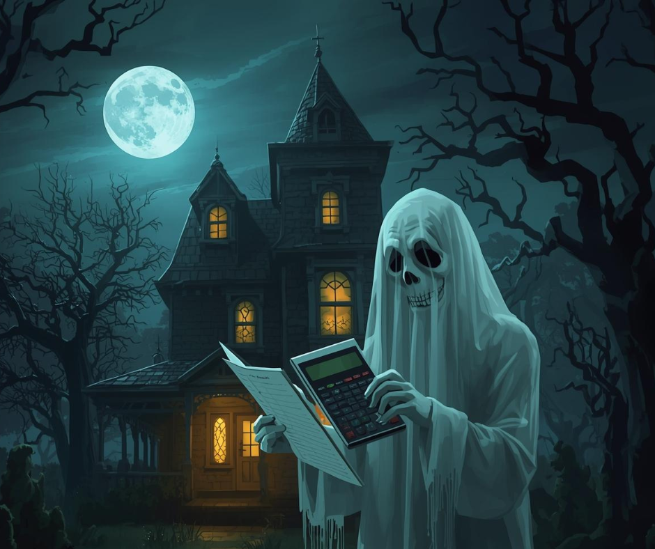A ghost crunching the numbers on a calculator in front of a haunted house to represent real estate monsters.