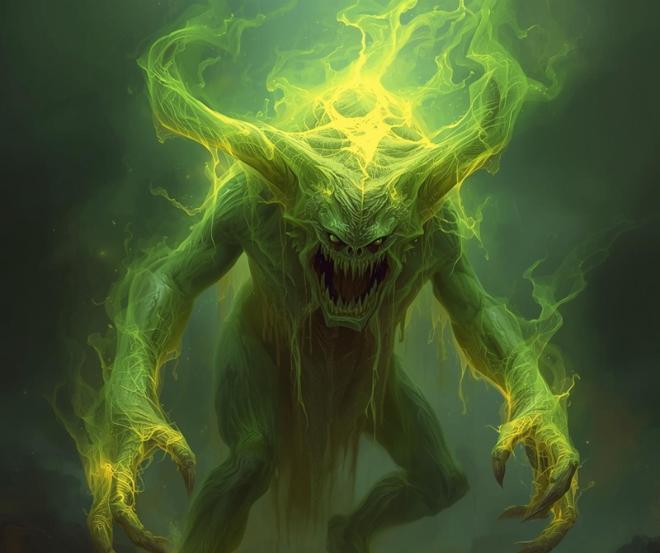 A gaseous green demon-looking monster to represent real estate monsters.