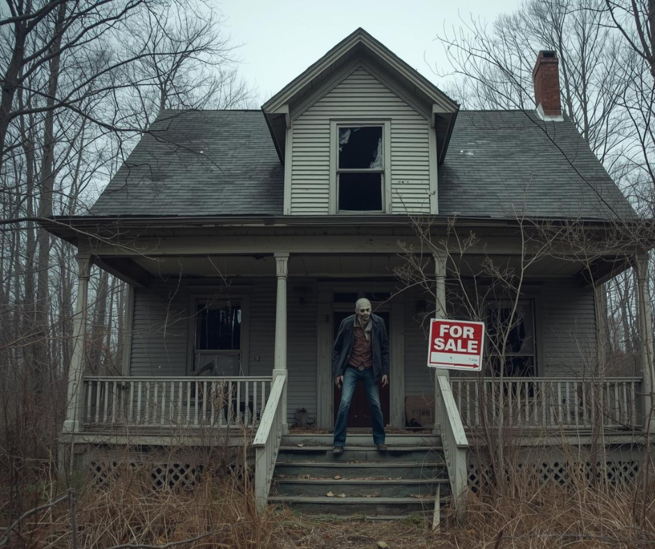 A for sale house with a zombie on the front porch to represent real estate monsters.