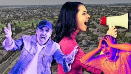 An angry man and a woman shouting through a megaphone to symbolize how selective outrage impacts lead generation in real estate.