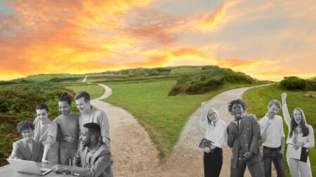An image of a fork in the road and a team on each road to represent joining a real estate team.