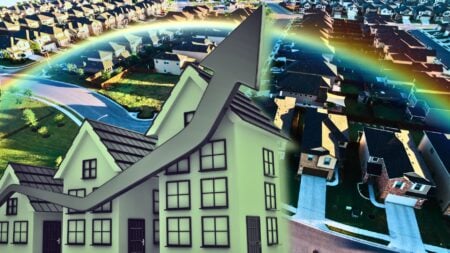 Aerial view of suburban homes with an upward arrow, symbolizing a housing market recovery