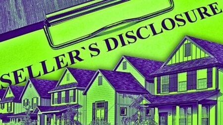 Real estate disclosure training represented by a clipboard with the words "seller's disclosure" behind homes in a neighborhood.