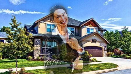 An image of a transparent real estate agent in front of a house to signify real estate leadership skills.