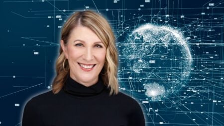 An image of Marci James in front of a matrix-type image to represent AI tools for real estate agents.