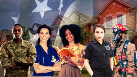Homes for Heroes police office, soldier, nurse, teacher and firefighter client outside a home