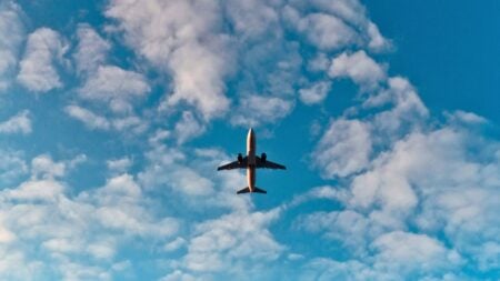 Commercial airplane in flight, illustrating story about a real estate agent restrained on a flight