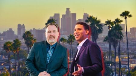 CRMLS CEO Art Carter and Compass CEO Robert Reffkin pictured over a California skyline background