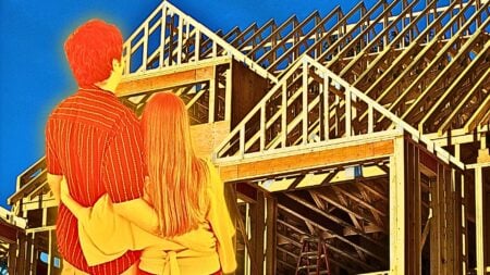 An image of a couple looking at a framed up home to represent a new-construction buyer.