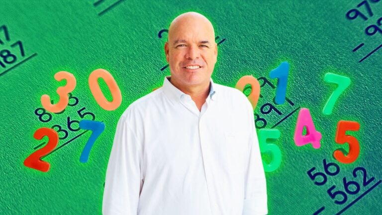 An image of Jimmy Burgess with numbers and sums in the background to represent real estate business growth strategy.