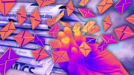 Email icons over a stack of newspapers to represent real estate client email.
