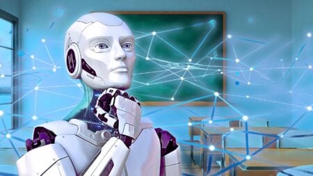 An image of a robot in front of a matrix to represent real estate AI training.