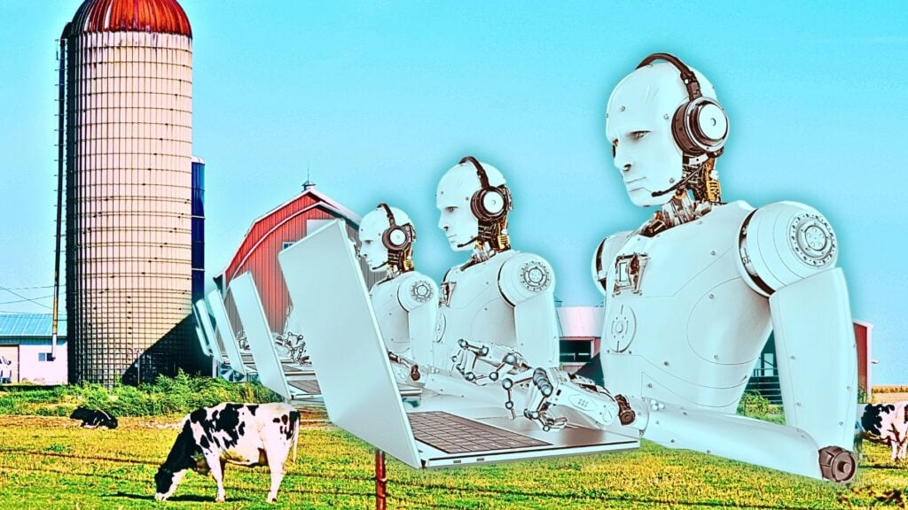 an image of robots in front of a silo on a farm to represent AI neighborhood farm.