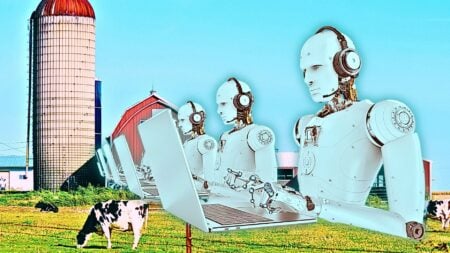 an image of robots in front of a silo on a farm to represent AI neighborhood farm.