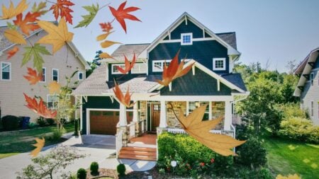Home with falling leaves showing pending home sales fall, August 2026