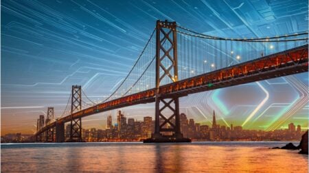 San Francisco housing market skyline behind Bay Bridge with digital tech overlay