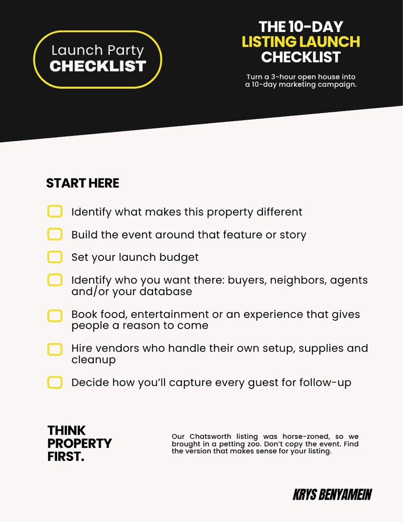 Krys Benyamein's open house launch plan checklist.