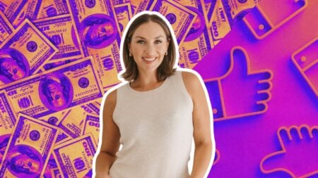 Alyssa Jones standing in front of a half money, half thumbs up background to represent real estate social media ROI.