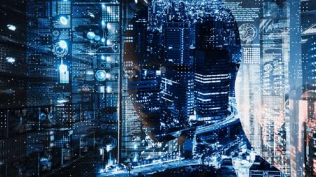 An image of a blurry face behind a bunch of tech design to represent ai amplification risks.