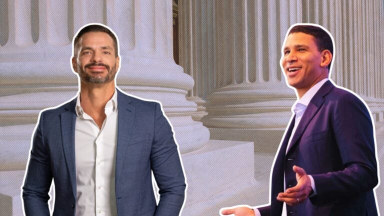 An image of Alex Vidal and Compass International Holdings CEO Robert Reffkin on court steps to represent compass sues ex-era president.