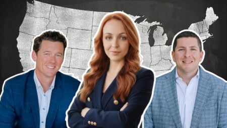 An image of Ryse Realty Group leaders in front of a map of America to represent the nationally expanding team.